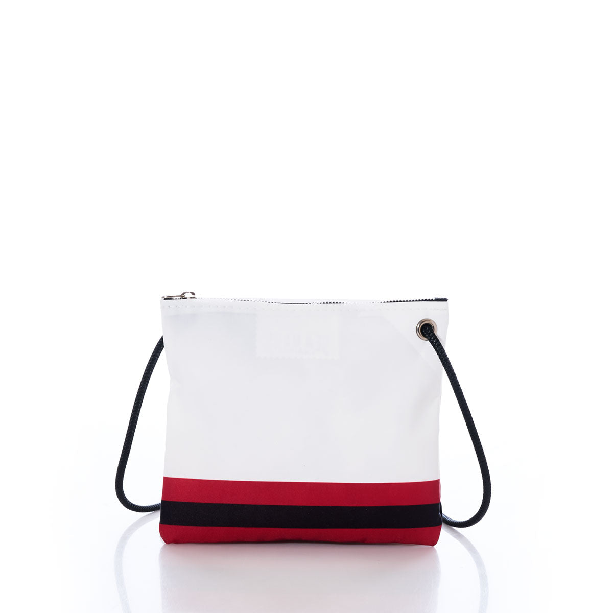 The Atlanta Falcons Slim Crossbody by Sea Bags is a white zippered crossbody bag crafted from recycled sail cloth, featuring a black strap and bold black and red stripes near the bottom, displayed against a white background. by Sea Bags