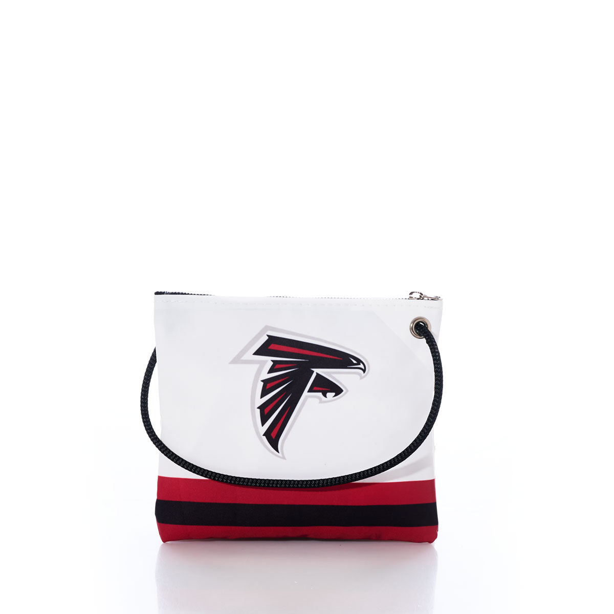 The Sea Bags Atlanta Falcons Slim Crossbody features the team’s logo, black and red stripes at the bottom, and a black rope handle. Crafted from recycled sail cloth, this white zippered bag is shown against a white background. by Sea Bags