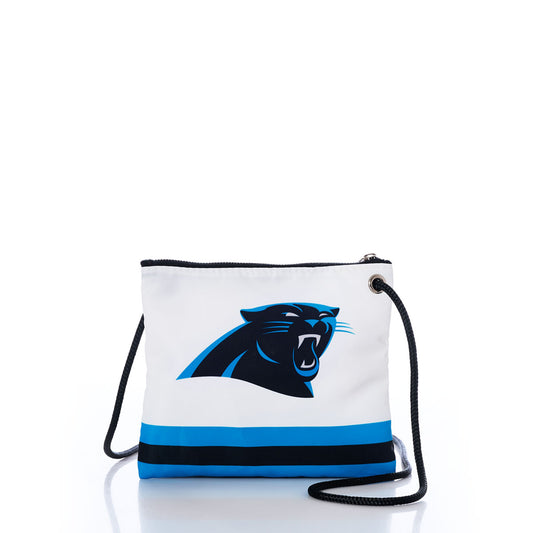 The Carolina Panthers Slim Crossbody by Sea Bags is a white and blue crossbody bag, crafted from recycled sail cloth and featuring the black panther NFL logo and a black rope strap, displayed against a white background. by Sea Bags
