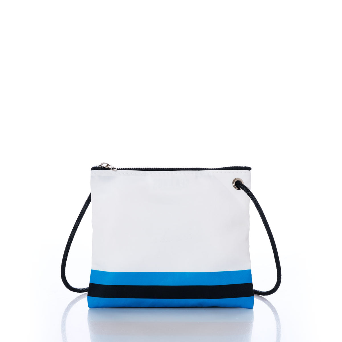 Carolina Panthers Slim Crossbody by Sea Bags—crafted from recycled sail cloth, this small white crossbody bag features a black strap and a horizontal blue and black stripe near the bottom, shown on a white background. by Sea Bags