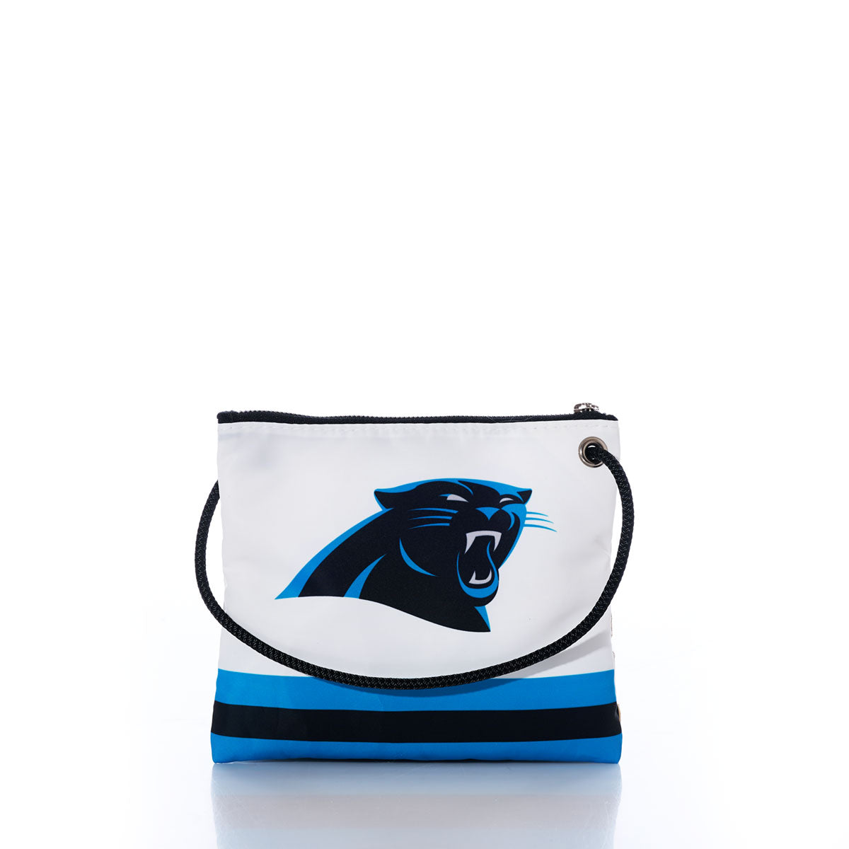 Introducing the Carolina Panthers Slim Crossbody by Sea Bags—a white zippered bag with a black strap, showcasing the iconic Carolina Panthers logo and vibrant blue and black stripes along the bottom. Made from recycled sail cloth, this stylish crossbody blends eco-friendly craftsmanship with bold NFL pride. by Sea Bags