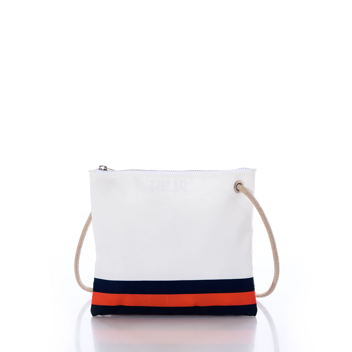 Chicago Bears Slim Crossbody by Sea Bags: This white zippered pouch, made from recycled sail cloth, features a rope shoulder strap and a navy and orange stripe near the bottom—a subtle nod to the classic Chicago Bears bag. Shown against a white background. by Sea Bags