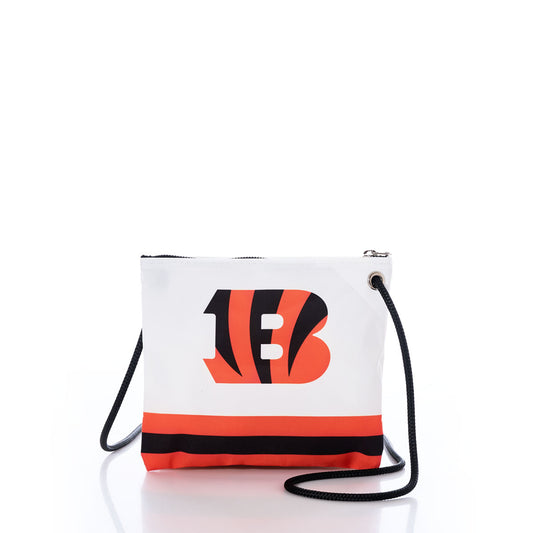 Introducing the Cincinnati Bengals Slim Crossbody by Sea Bags—a white crossbody bag made from recycled sail cloth, featuring a black strap. The front showcases an orange and black striped number 13 with two bold horizontal stripes—one orange and one black—near the bottom on a crisp white background. This unique, eco-friendly accessory is perfect for Cincinnati Bengals fans looking for a stylish NFL logo bag. by Sea Bags
