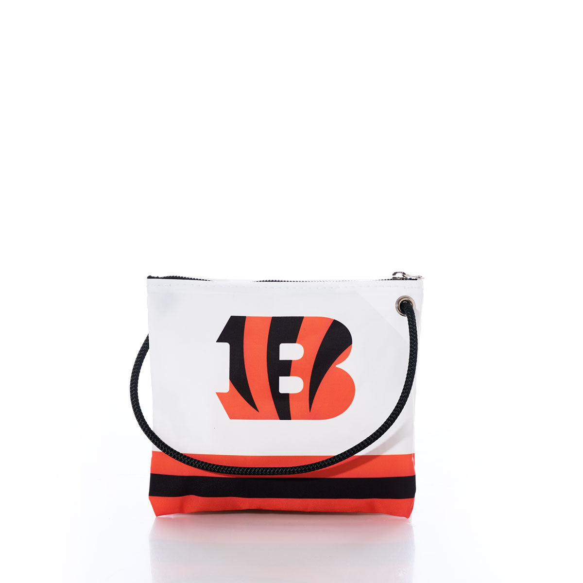 Introducing the Sea Bags Cincinnati Bengals Slim Crossbody: a striking white and orange zippered bag with a black rope handle, skillfully crafted from recycled sail cloth. This fan-favorite features a bold stylized B logo with tiger stripes and two horizontal stripes near the bottom—perfect for showcasing your Bengals spirit. by Sea Bags