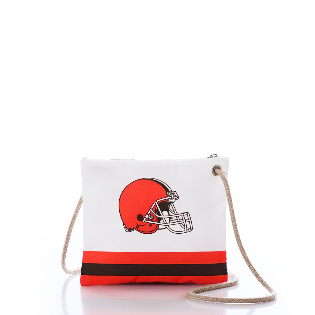 The Sea Bags Cleveland Browns Slim Crossbody is a small white sail cloth shoulder bag with a rope strap, designed with a red football helmet graphic and two horizontal red and brown stripes near the bottom—making it the perfect sustainable gameday accessory for Cleveland Browns fans. by Sea Bags