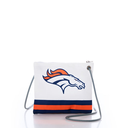 The Denver Broncos Slim Crossbody by Sea Bags is crafted from recycled sail cloth and features a bold NFL logo with blue and orange stripes at the bottom. This white crossbody bag includes a gray strap and zipper closure, shown against a white background. by Sea Bags