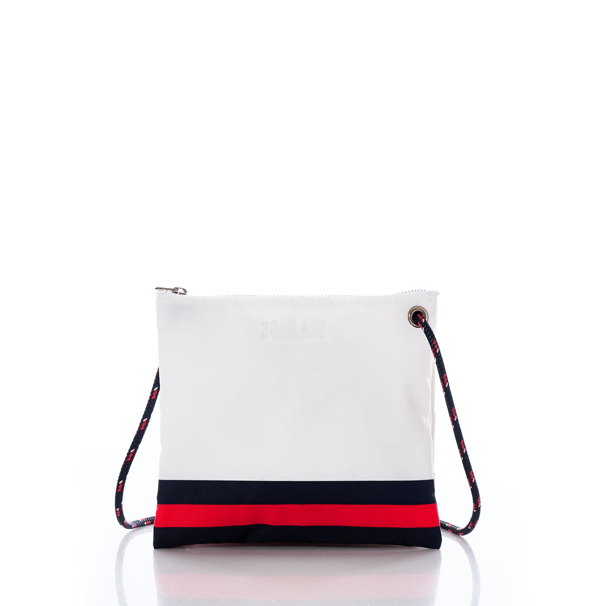 The Houston Texans Slim Crossbody by Sea Bags is a white zippered bag featuring navy and red horizontal stripes at the bottom and a navy, red, and white rope strap, crafted from recycled sail cloth and shown on a white background. by Sea Bags