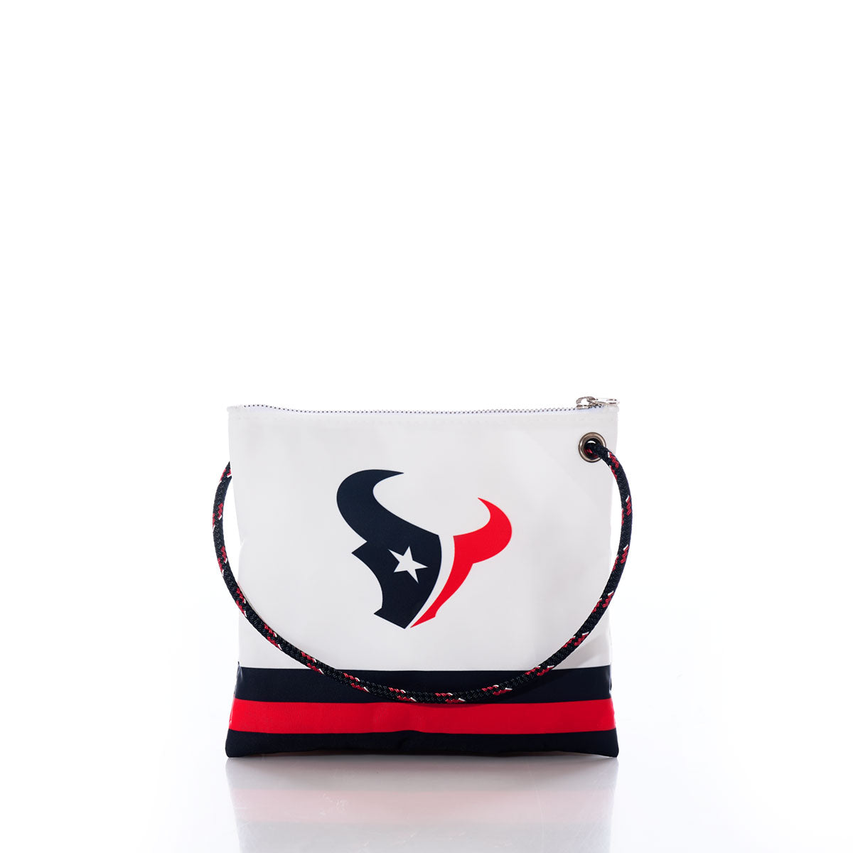 The Houston Texans Slim Crossbody by Sea Bags features a bold Houston Texans logo, a black and red striped bottom, and a durable red, black, and white rope handle—all expertly crafted from recycled sail cloth for lasting durability. Shown against a plain white background, this unique bag is the perfect choice for fans seeking both style and function. by Sea Bags