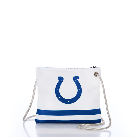 Introducing the Indianapolis Colts Slim Crossbody from Sea Bags: crafted from recycled sail cloth, this white crossbody features bold blue stripes, a blue horseshoe logo on the front, a zippered top, and a white rope strap. Celebrate your team pride with this sustainable and stylish accessory. by Sea Bags