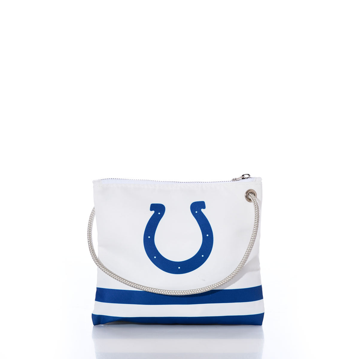 The Sea Bags Indianapolis Colts Slim Crossbody showcases blue and white stripes crafted from recycled sail cloth, featuring a sturdy rope handle and a blue horseshoe emblem on the front—an ideal accessory for any Colts fan. Photographed against a white background. by Sea Bags