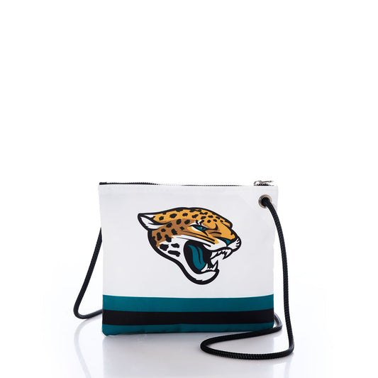 The Sea Bags Jacksonville Jaguars Slim Crossbody is a white bag made from recycled sail cloth, showcasing an NFL logo, black zipper closure, black strap, and teal and black stripes near the bottom; photographed on a white background. by Sea Bags