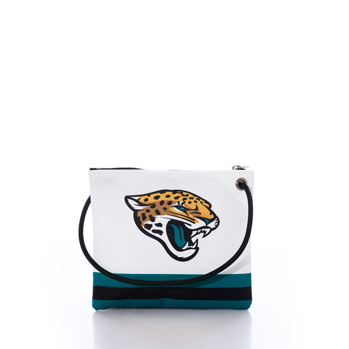 Carry your team pride in style with the Jacksonville Jaguars Slim Crossbody from Sea Bags. Featuring a white exterior crafted from durable recycled sail cloth, this unique bag sports teal and black stripes, a bold jaguar head logo on the front, a black zipper, and a black rope handle—making it the perfect accessory for any Jaguars fan. by Sea Bags