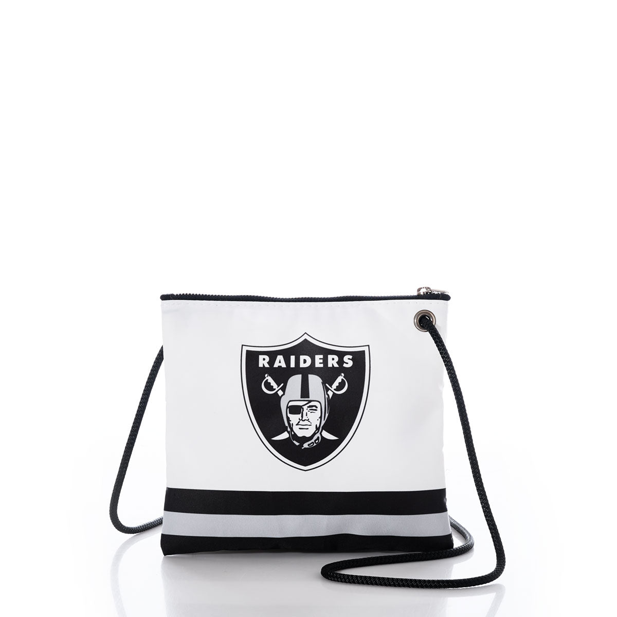 Las Vegas Raiders Slim Crossbody by Sea Bags, crafted from durable recycled sail cloth, features a white design with a black strap, the Las Vegas Raiders logo on the front, and a gray stripe near the bottom; photographed on a white background. by Sea Bags