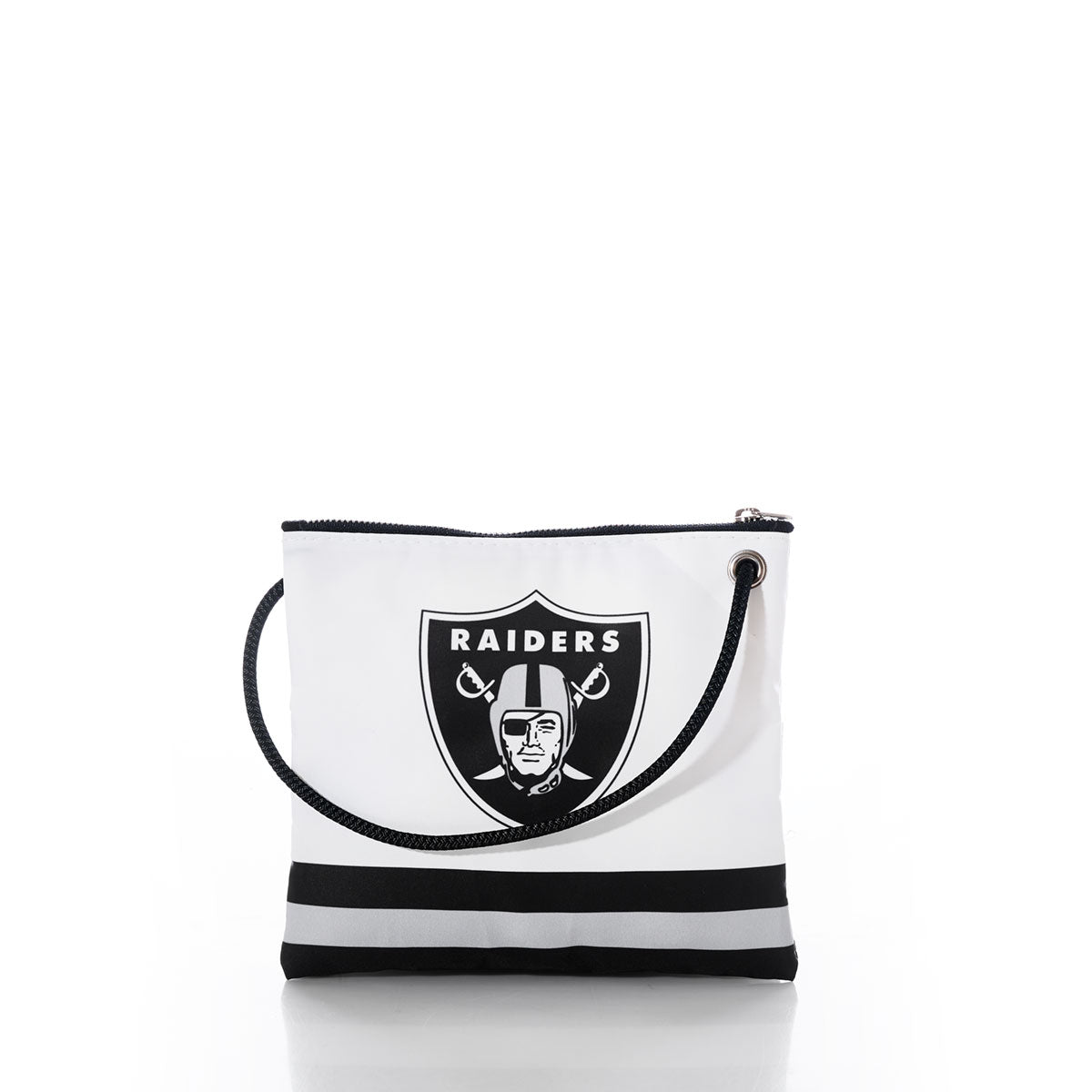 Introducing the Las Vegas Raiders Slim Crossbody from Sea Bags—a white and black recycled sail cloth bag featuring a bold Raiders logo on the front, accented with two horizontal stripes near the bottom. Finished with a sturdy black rope strap, this eco-friendly NFL accessory is perfect for fans looking to show their team spirit sustainably. by Sea Bags