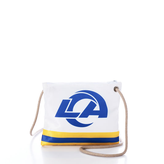 Showcase your Rams pride with the Los Angeles Rams Slim Crossbody by Sea Bags—a sustainable white sail cloth bag featuring a blue and gold LA logo, yellow and blue stripes at the bottom, a rope shoulder strap, and zip closure. Perfect for gameday. by Sea Bags