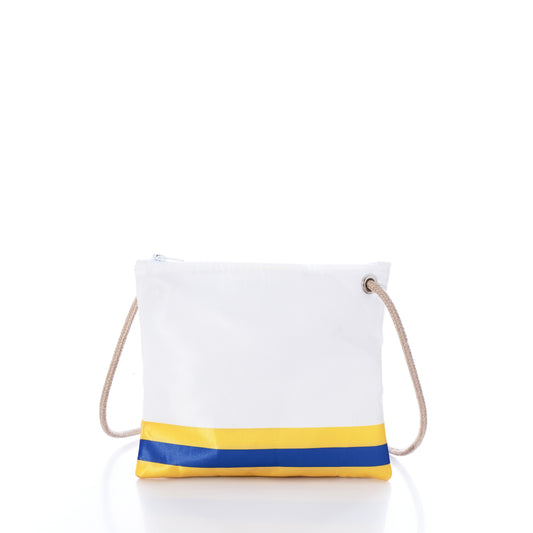 Show your Rams pride in style with the Sea Bags Los Angeles Rams Slim Crossbody, a white zippered pouch featuring yellow and blue stripes at the bottom and a beige rope shoulder strap. Made from sustainable sail cloth and displayed on a white background, this crossbody bag is the perfect eco-friendly choice for gameday. by Sea Bags