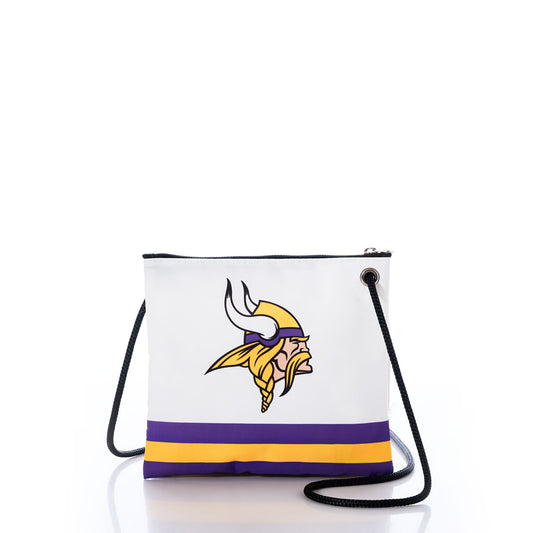 Introducing the Minnesota Vikings Slim Crossbody by Sea Bags: crafted from recycled sail cloth for enhanced durability, this white bag features a black strap, bold purple and yellow stripes, and a striking Viking head logo on the front. Shown against a plain white background. by Sea Bags