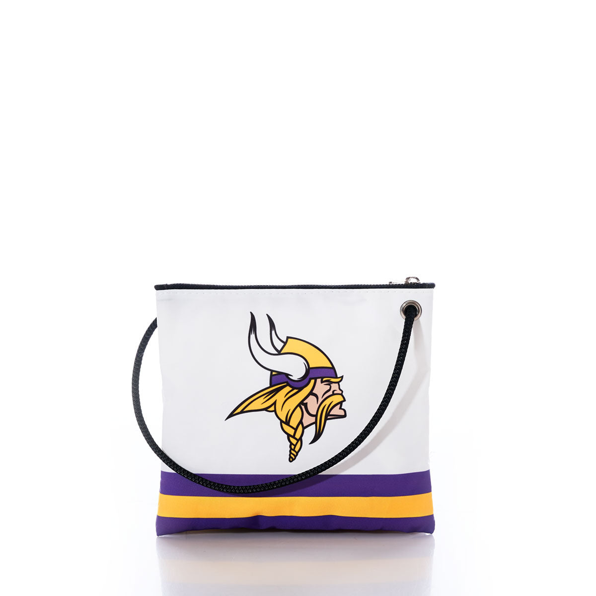 The Sea Bags Minnesota Vikings Slim Crossbody is a white bag made from recycled sail cloth, highlighted by the Vikings logo, a black zipper, black rope strap, and yellow and purple stripes at the bottom, shown on a white background. by Sea Bags