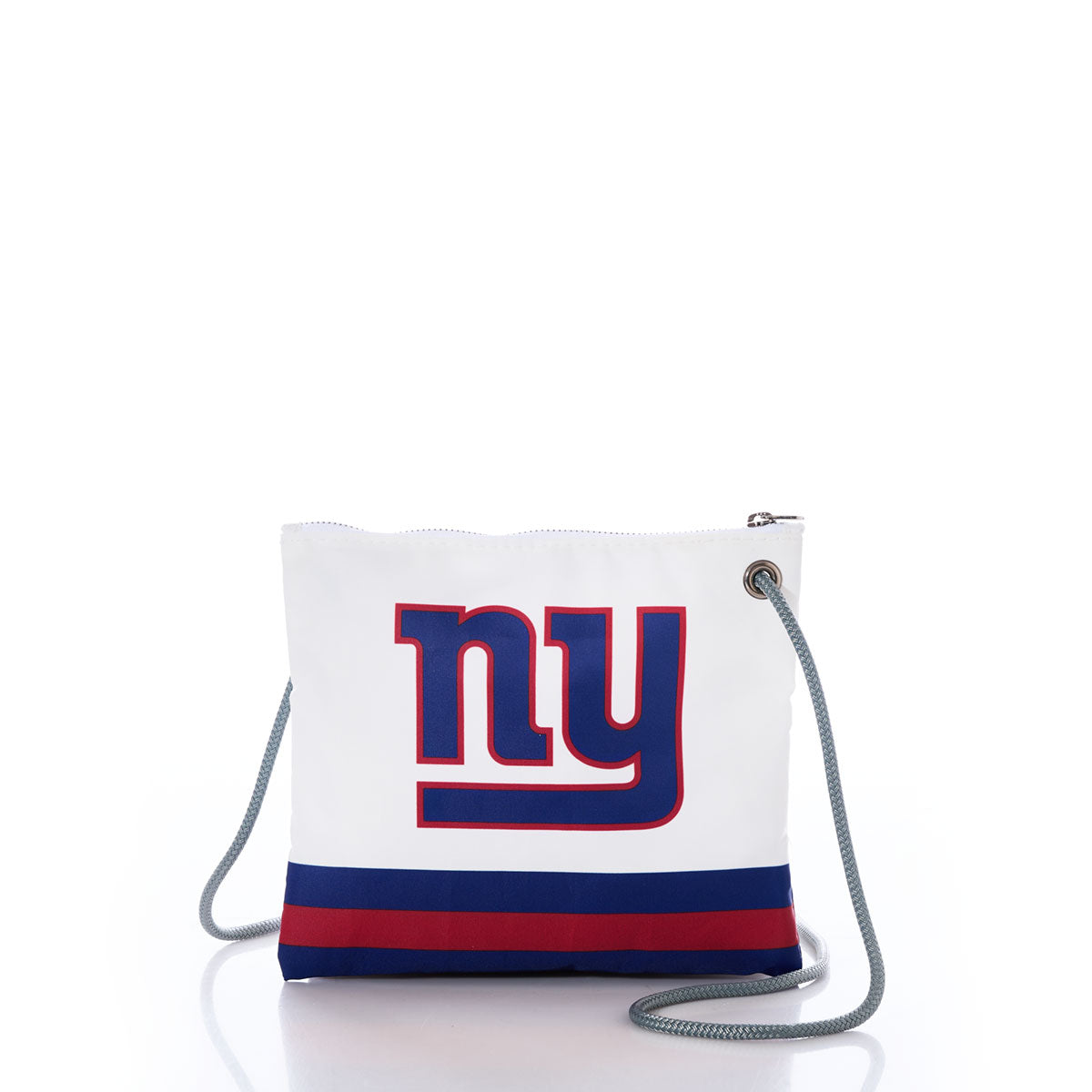 Sea Bags New York Giants Slim Crossbody is crafted from recycled sail cloth and features the iconic NY NFL logo in blue and red, a grey rope strap, and a bold blue-red stripe at the bottom. by Sea Bags