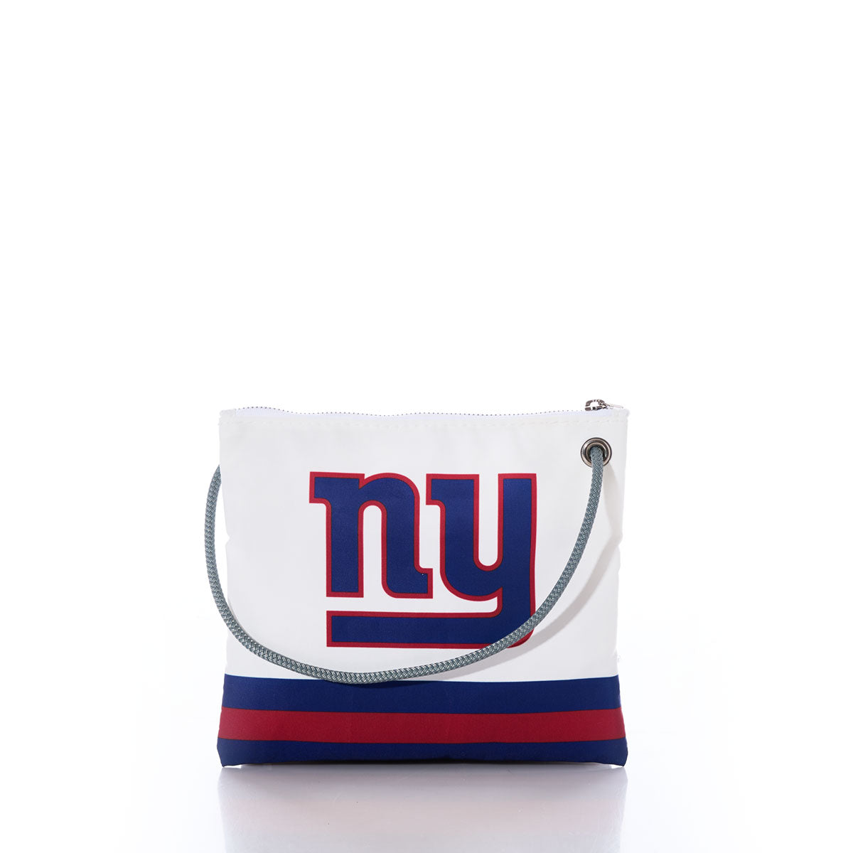 The Sea Bags New York Giants Slim Crossbody is a white rectangular bag made from recycled sail cloth, adorned with a bold blue and red NY logo and coordinating stripes along the bottom, finished with a gray rope strap—capturing the iconic New York Giants style against a plain white background. by Sea Bags