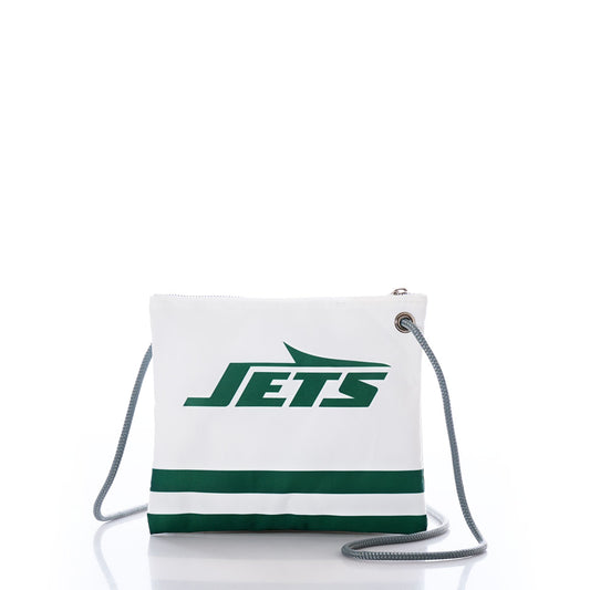 The Sea Bags New York Jets Slim Crossbody is made from recycled sail cloth and features a green JETS logo, a green stripe at the bottom, a gray strap, and a silver zipper. It is photographed on a white background. by Sea Bags