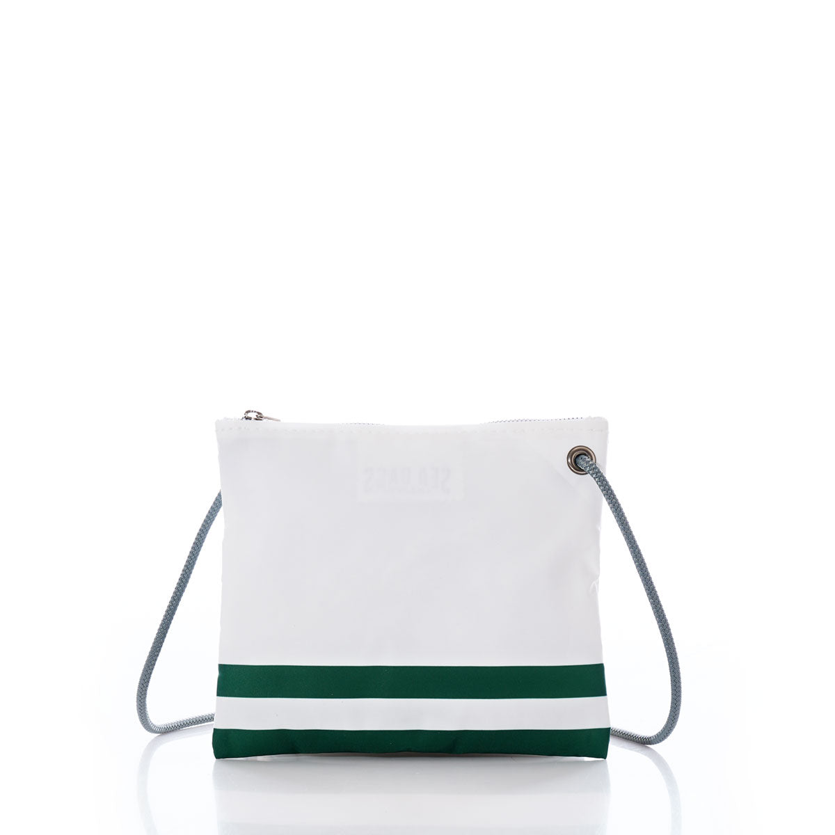 The Sea Bags New York Jets Slim Crossbody is a white rectangular bag made from recycled sail cloth, featuring a silver zipper, gray strap, and two green horizontal stripes near the bottom, displayed on a white background. by Sea Bags