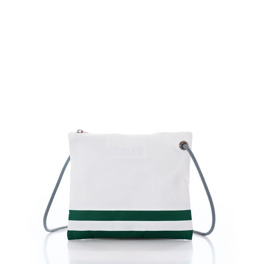 The Sea Bags New York Jets Slim Crossbody is a white rectangular bag made from recycled sail cloth, featuring a silver zipper, gray strap, and two green horizontal stripes near the bottom, displayed on a white background. by Sea Bags