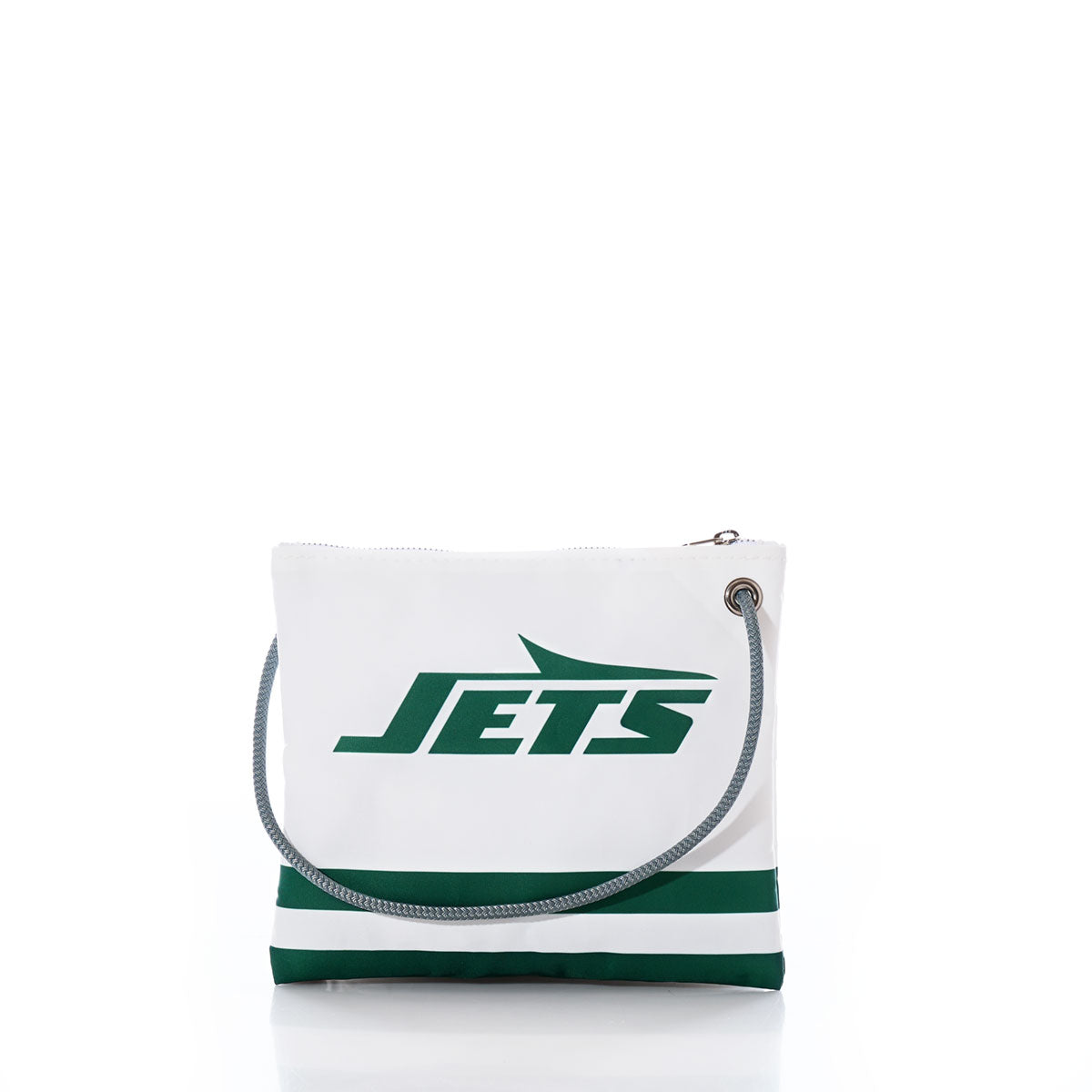 The New York Jets Slim Crossbody by Sea Bags is a white shoulder bag made from recycled sail cloth, featuring a gray strap, green stripes at the bottom, and JETS in bold green lettering on the front—making it the perfect stylish crossbody for any New York Jets fan. by Sea Bags