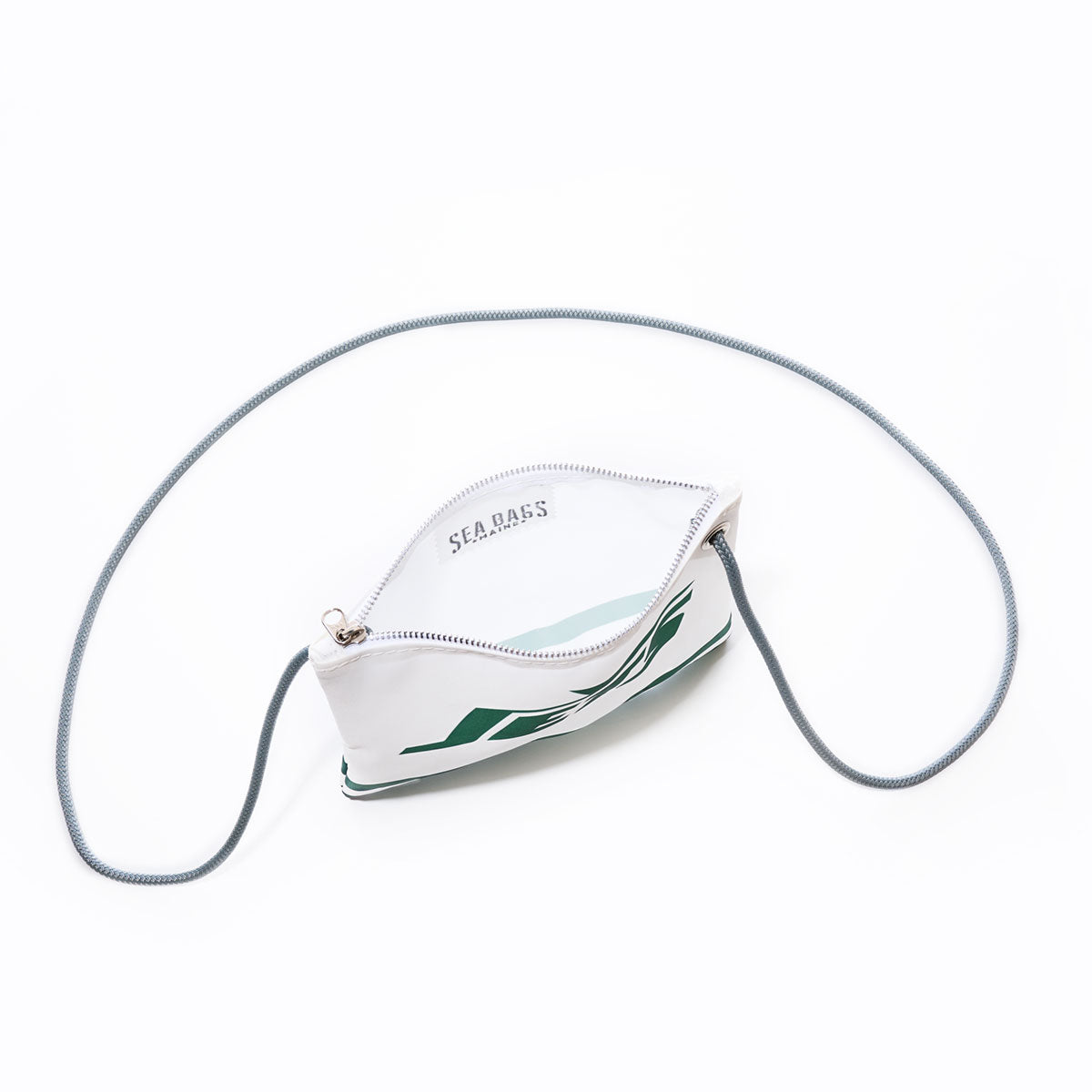Introducing the New York Jets Slim Crossbody by Sea Bags—a small white crossbody bag featuring green accents, a zipper closure, and a thin gray strap. Expertly crafted from recycled sail cloth, its interior is visible and displays distinctive SEA BAGS branding. The product is photographed against a plain white background. by Sea Bags