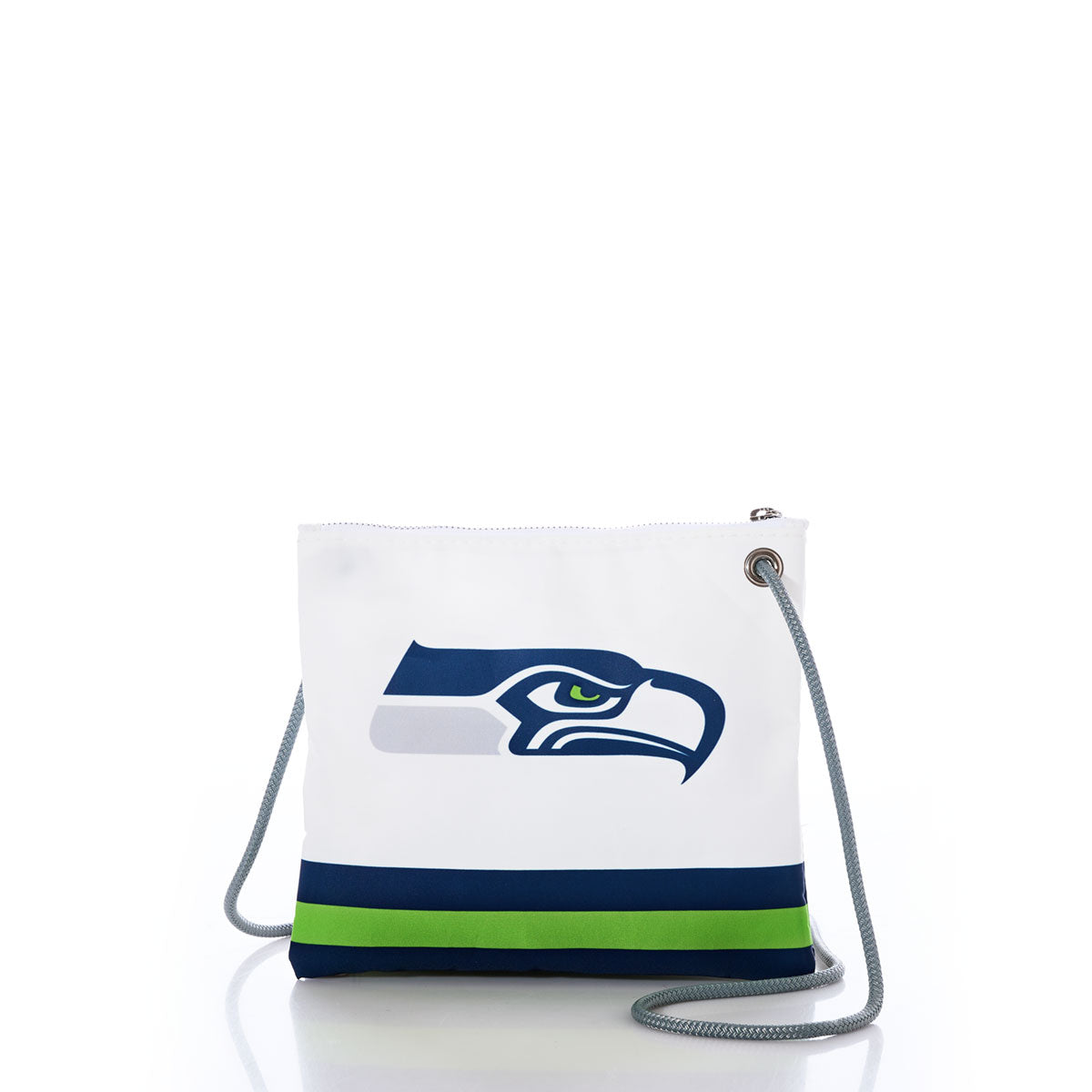 The Sea Bags Seattle Seahawks Slim Crossbody, crafted from recycled sail cloth and featuring the NFL logo with iconic blue and green Seahawks stripes, is displayed on a white surface with a gray strap. by Sea Bags