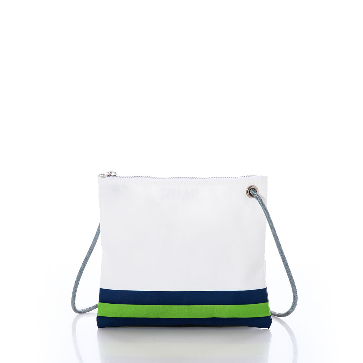 The Seattle Seahawks Slim Crossbody from Sea Bags is a white zippered shoulder bag made from recycled sail cloth, featuring a blue and green horizontal stripe near the bottom, a gray strap, silver grommet, and the official NFL logo on a white background—an essential accessory for any Seahawks fan. by Sea Bags