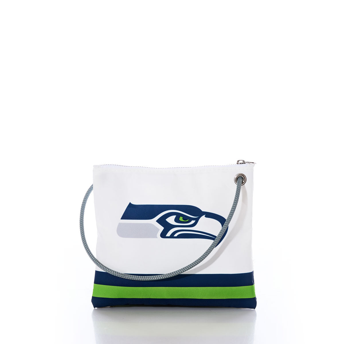 Crafted from recycled sail cloth, the Seattle Seahawks Slim Crossbody by Sea Bags features a bold Seahawks logo, horizontal navy and green stripes at the bottom, and a gray rope shoulder strap against a white background. by Sea Bags