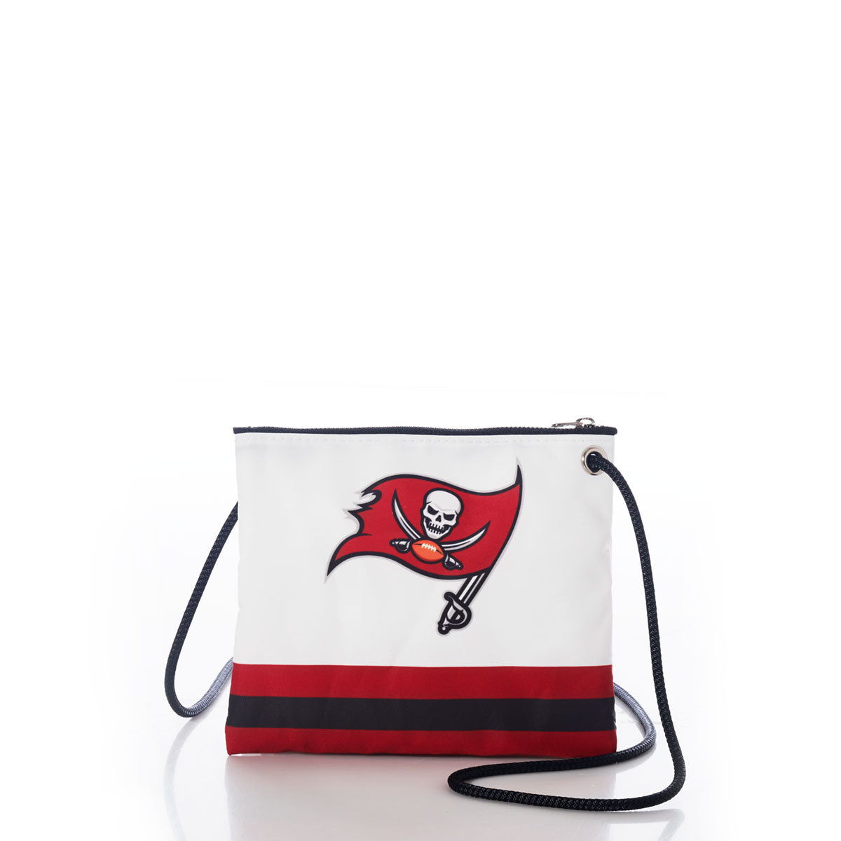 The Tampa Bay Buccaneers Slim Crossbody by Sea Bags is a white, eco-friendly crossbody bag crafted from recycled sail cloth. It features a black strap, bold red and black stripe at the bottom, and displays the Tampa Bay Buccaneers flag logo on the front—perfect for showcasing team spirit with sustainable style. by Sea Bags