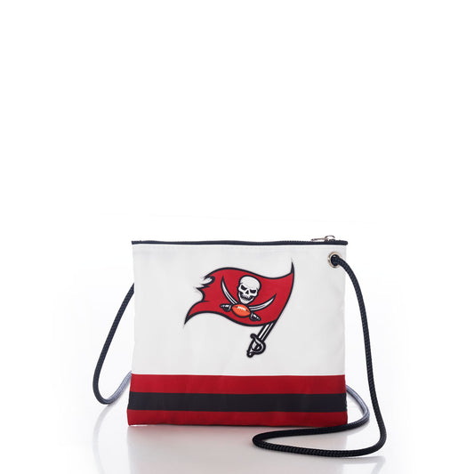 The Tampa Bay Buccaneers Slim Crossbody by Sea Bags is a white, eco-friendly crossbody bag crafted from recycled sail cloth. It features a black strap, bold red and black stripe at the bottom, and displays the Tampa Bay Buccaneers flag logo on the front—perfect for showcasing team spirit with sustainable style. by Sea Bags