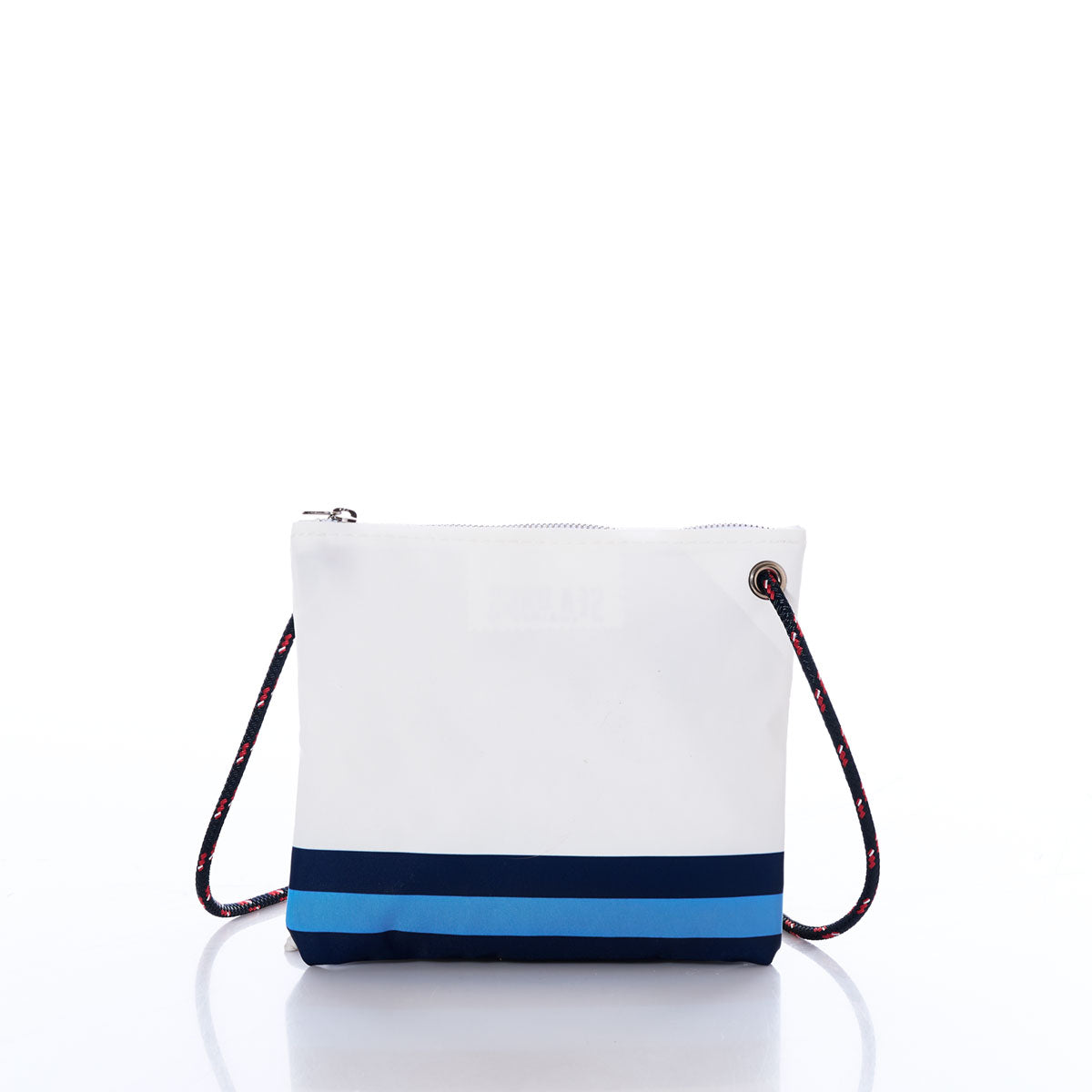 Introducing the Sea Bags Tennessee Titans Slim Crossbody—a white zippered pouch featuring navy and blue stripes at the bottom, crafted from recycled sail cloth for an eco-friendly flair. Outfitted with a black rope shoulder strap threaded through metal grommets, this sustainable crossbody bag is perfect for Titans NFL fans or anyone looking to elevate their style with an environmentally conscious accessory. by Sea Bags