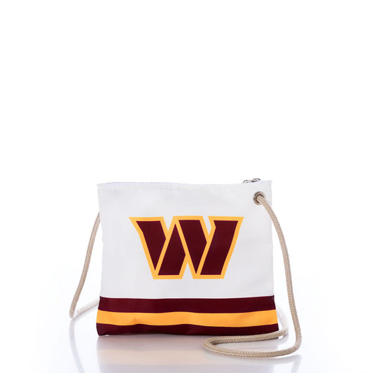 The Sea Bags Washington Commanders Slim Crossbody is a white crossbody bag made from recycled sail cloth, featuring a large maroon and yellow W logo and horizontal maroon and yellow stripes, displayed on a plain white background—ideal for any Washington Commanders fan. by Sea Bags