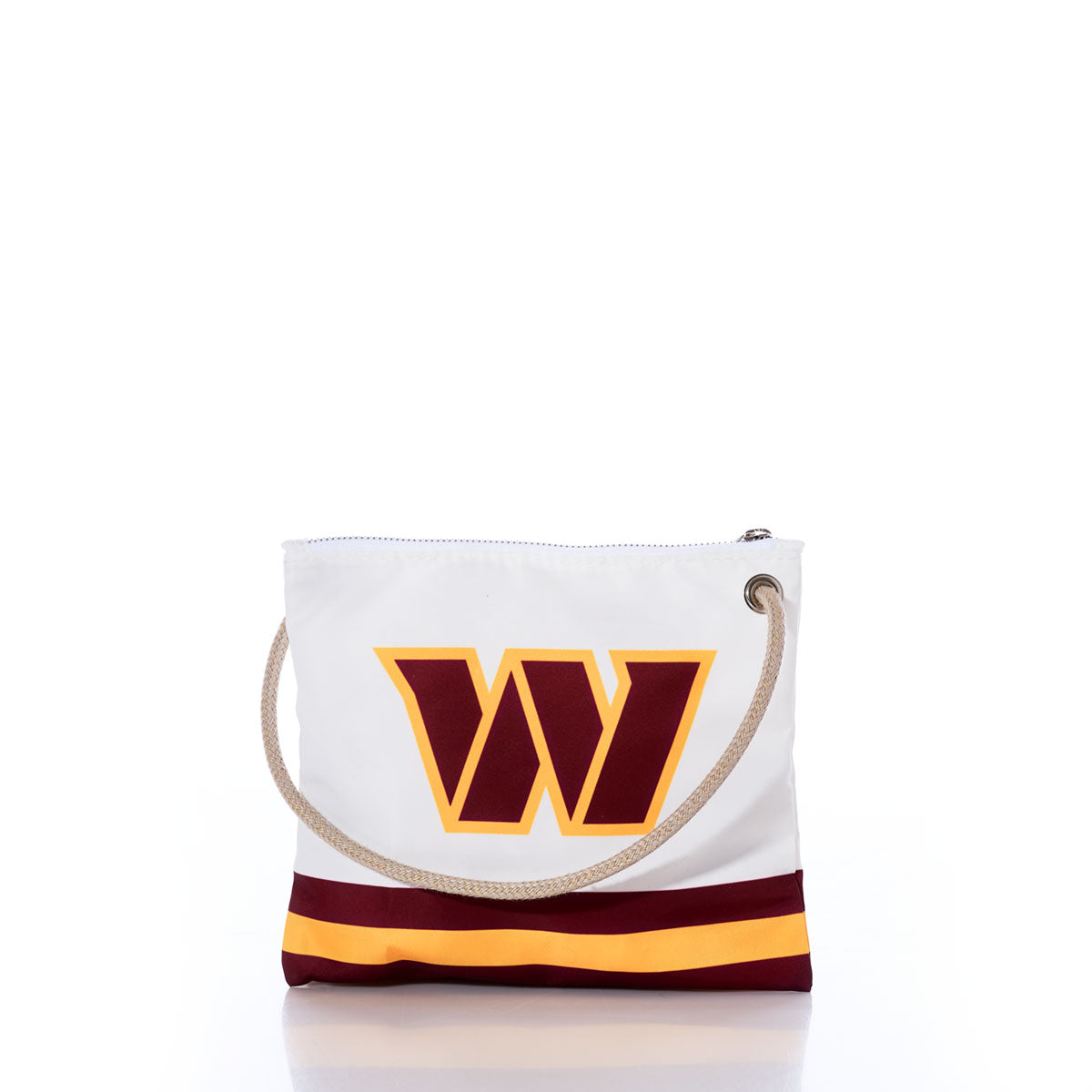 White Washington Commanders Slim Crossbody by Sea Bags, crafted from recycled sail cloth and featuring a bold maroon and gold W logo, yellow and maroon stripes at the base, sturdy rope handles, and a secure zipper closure—an eye-catching accessory for Commanders fans. Presented on a white background. by Sea Bags