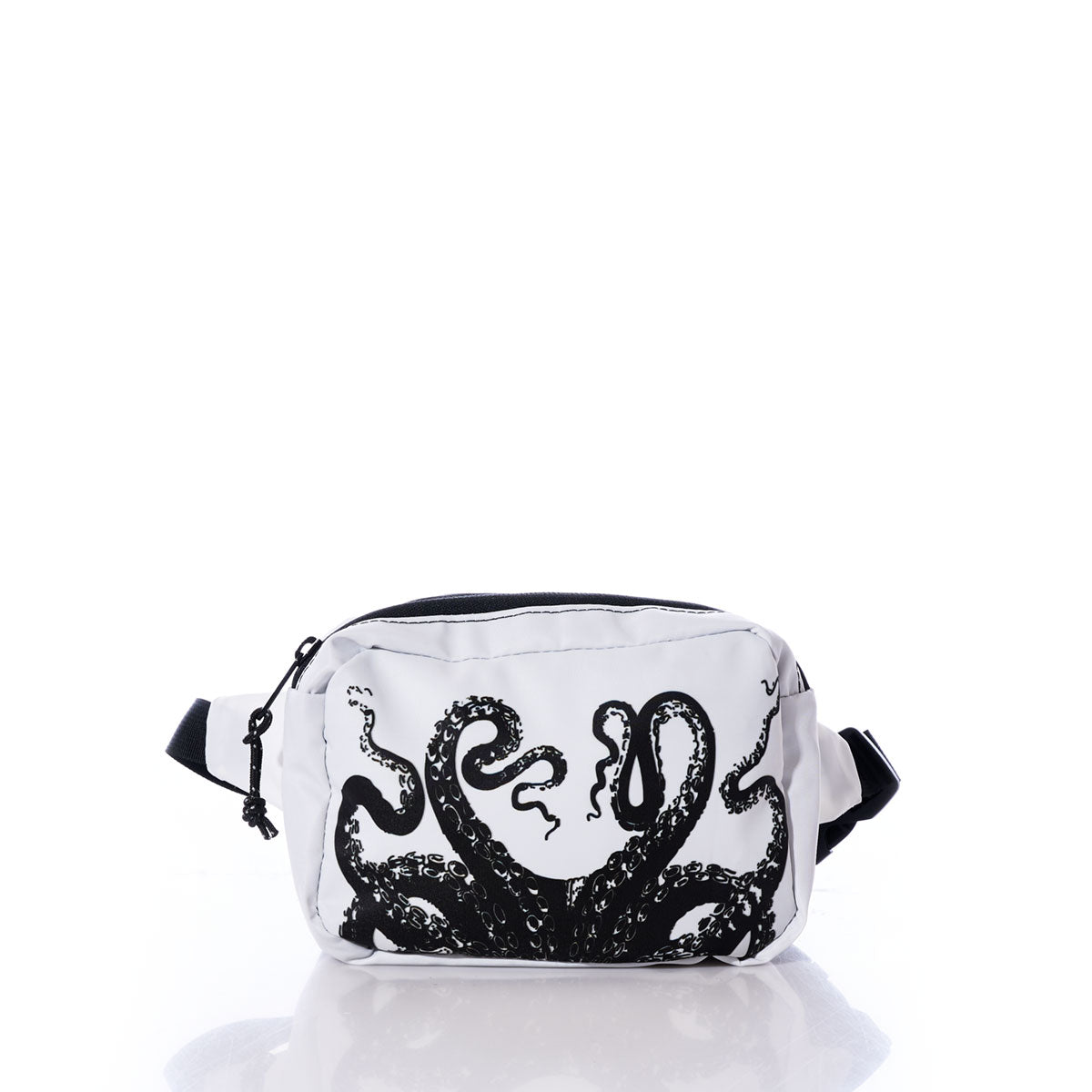 The Sea Bags Octopus Belt Bag, crafted from recycled sail cloth, features a bold black octopus tentacle design on the front and is pictured against a white background with a subtle reflection—a stylish and eco-friendly upgrade to your travel essentials. by Sea Bags