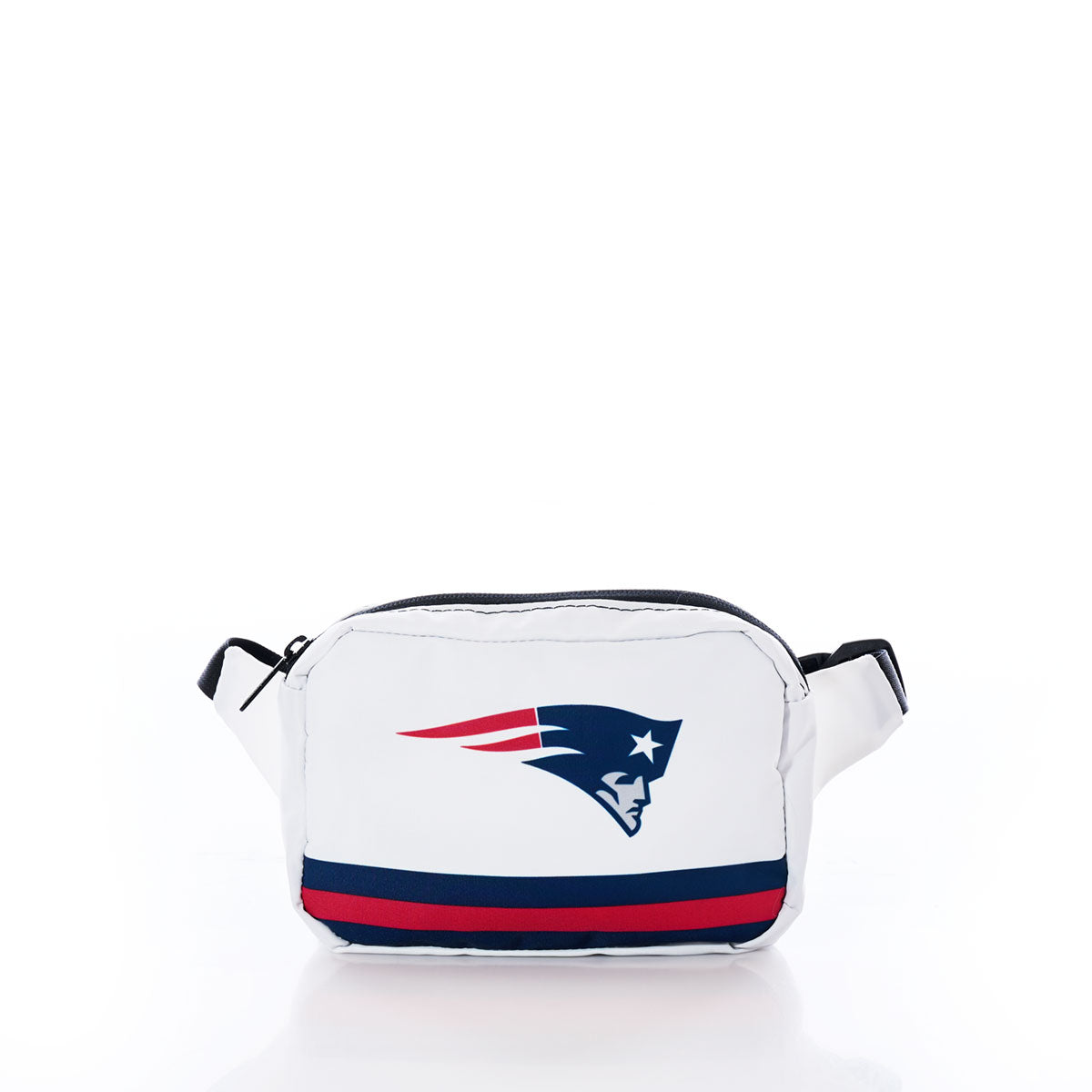 A white New England Patriots Belt Bag by Sea Bags, featuring the teams logo and red and blue stripes, is displayed against a plain white background. Made from recycled sail cloth, this eco-friendly bag combines team spirit with sustainable design. by Sea Bags