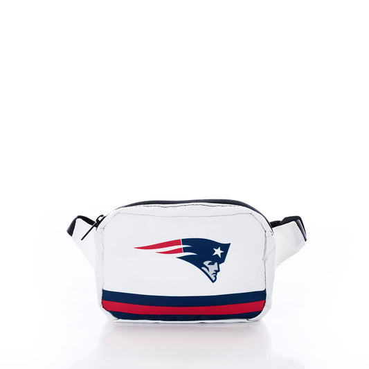 A white New England Patriots Belt Bag by Sea Bags, featuring the teams logo and red and blue stripes, is displayed against a plain white background. Made from recycled sail cloth, this eco-friendly bag combines team spirit with sustainable design. by Sea Bags