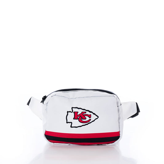 Sea Bags Kansas City Chiefs Belt Bag in white, featuring red and black stripes with the teams logo, shown on a white background. by Sea Bags