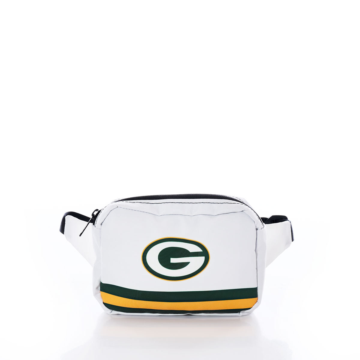 Sea Bags Green Bay Packers Belt Bag—a sustainable white belt bag with a zipper, featuring the Green Bay Packers logo and green and yellow stripes along the bottom, displayed on a plain white background—perfect for any fan. by Sea Bags