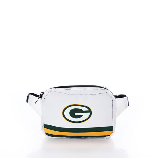 Sea Bags Green Bay Packers Belt Bag—a sustainable white belt bag with a zipper, featuring the Green Bay Packers logo and green and yellow stripes along the bottom, displayed on a plain white background—perfect for any fan. by Sea Bags