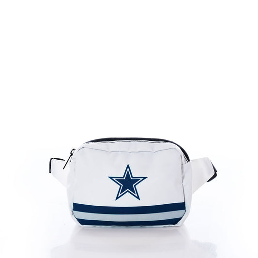 The Sea Bags Dallas Cowboys Belt Bag is crafted from recycled sail cloth and features a blue star logo with two blue horizontal stripes near the bottom. Shown against a white background, this white waist bag offers a sustainable take on classic Dallas Cowboys style. by Sea Bags