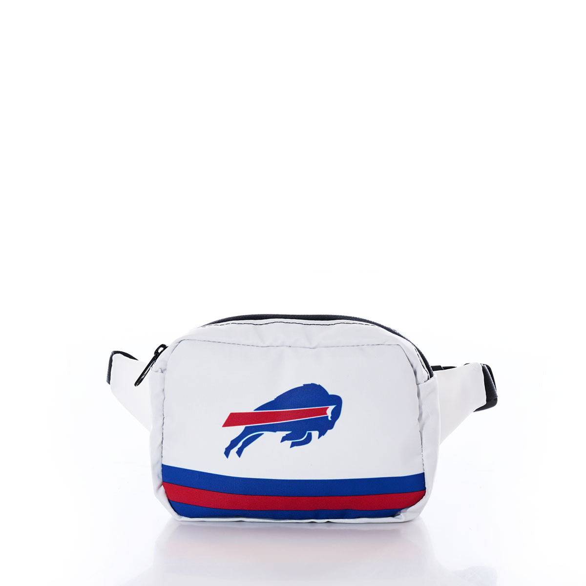 The Sea Bags Buffalo Bills Belt Bag, crafted from recycled sail cloth for a sustainable choice, features a blue and red running buffalo logo on the front with matching stripes along the bottom, and is displayed on a plain white background. by Sea Bags