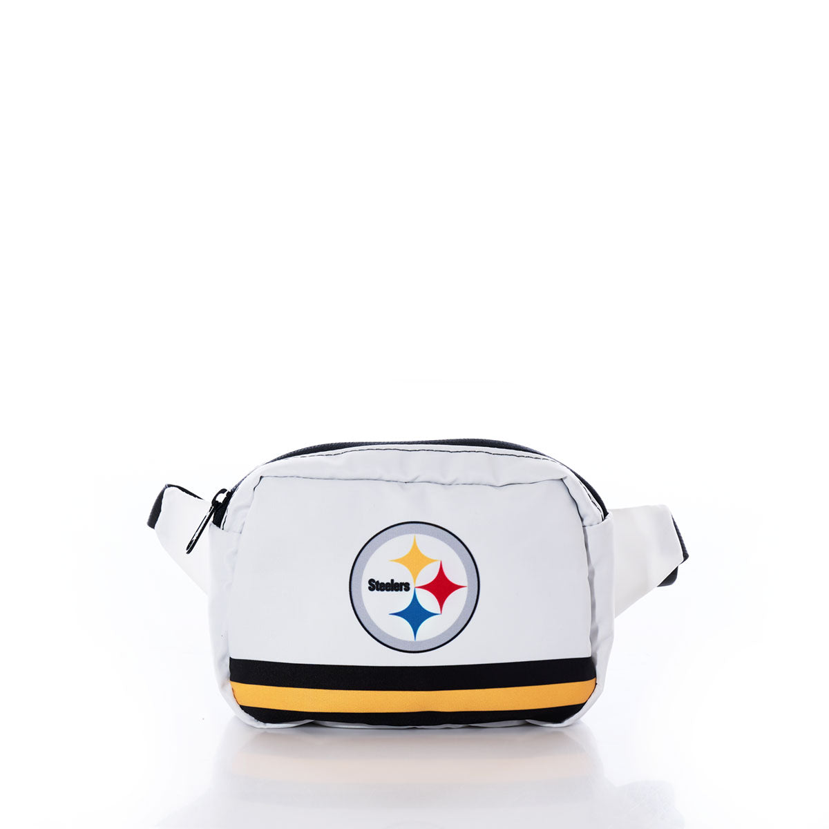Presenting the Pittsburgh Steelers Belt Bag by Sea Bags—a stylish white belt bag crafted from durable recycled sail cloth, featuring the iconic Steelers logo on the front and a bold black and yellow stripe near the bottom. This essential accessory for any Pittsburgh Steelers fan is displayed against a plain white background. by Sea Bags