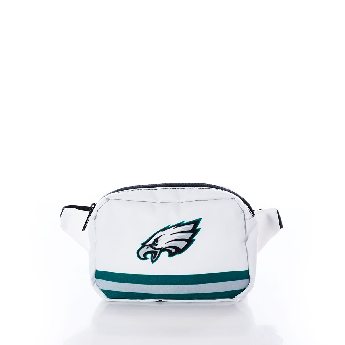 Philadelphia Eagles Belt Bag by Sea Bags, featuring a Philadelphia Eagles logo and green stripes on the front. Crafted from recycled sail cloth, it includes a zippered main compartment and an adjustable strap for comfortable wear. by Sea Bags
