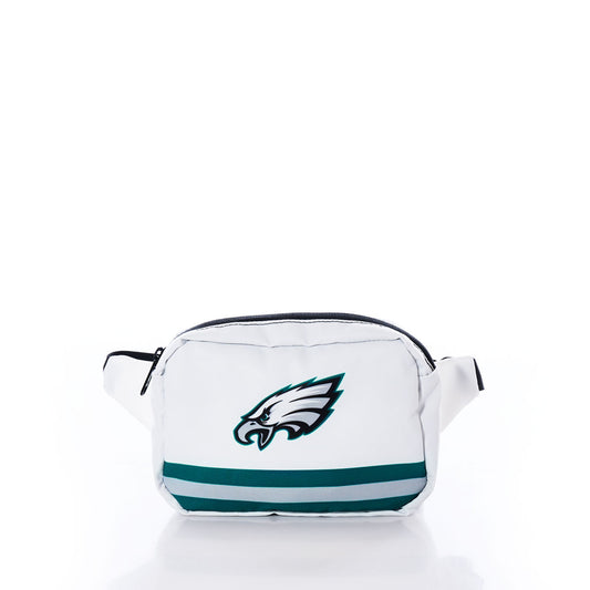 Philadelphia Eagles Belt Bag by Sea Bags, featuring a Philadelphia Eagles logo and green stripes on the front. Crafted from recycled sail cloth, it includes a zippered main compartment and an adjustable strap for comfortable wear. by Sea Bags