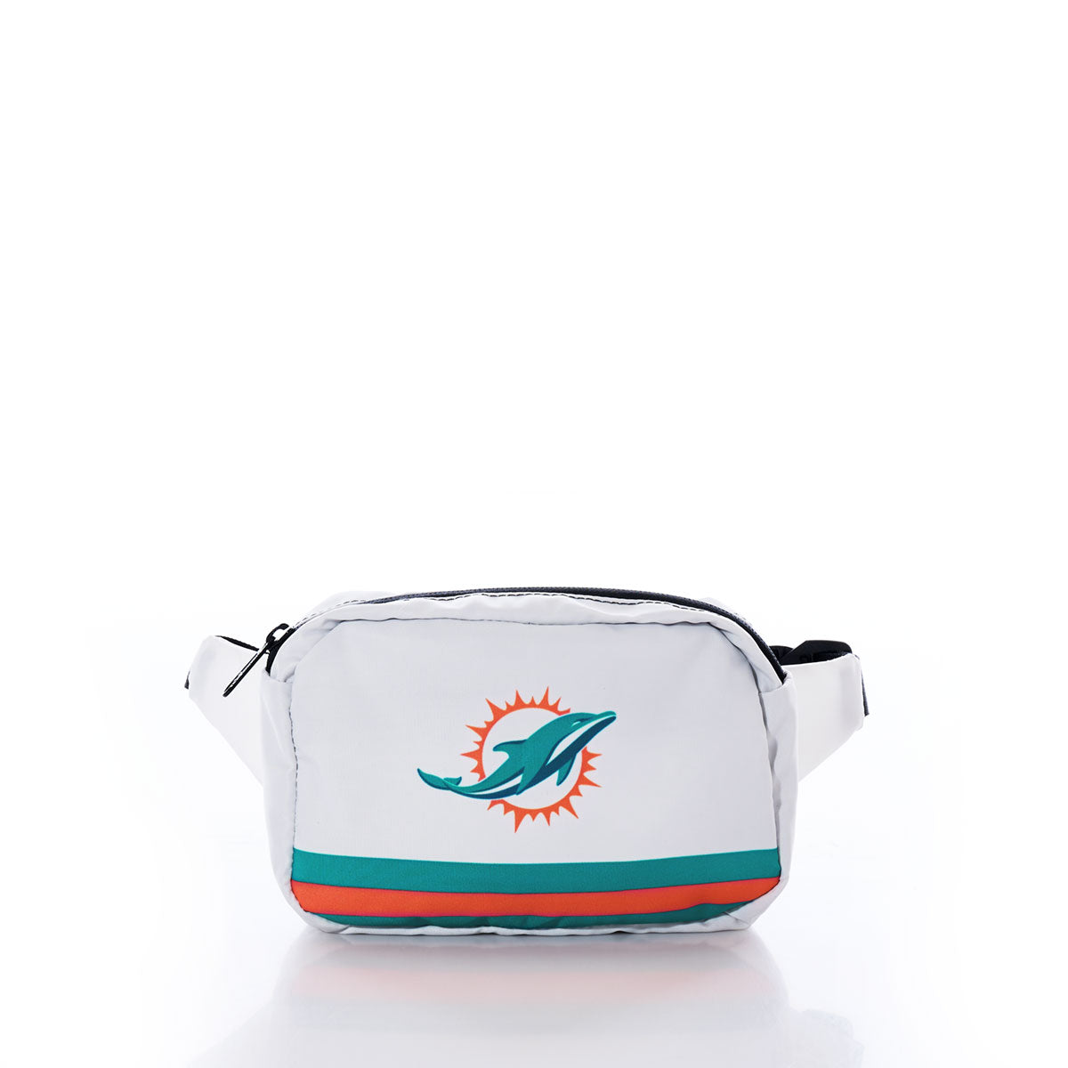 The Sea Bags Miami Dolphins Belt Bag is crafted from recycled sail cloth for a sustainable touch and showcases the team’s logo with teal and orange stripes on the front. Presented on a plain white background, this eco-friendly accessory blends style and functionality—perfect for any Dolphins fan. by Sea Bags