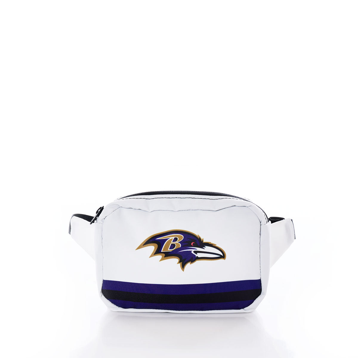 Sea Bags Baltimore Ravens Belt Bag—crafted from recycled sail cloth for sustainability—features black and purple stripes, the team’s logo on the front, and is shown against a plain white background. by Sea Bags